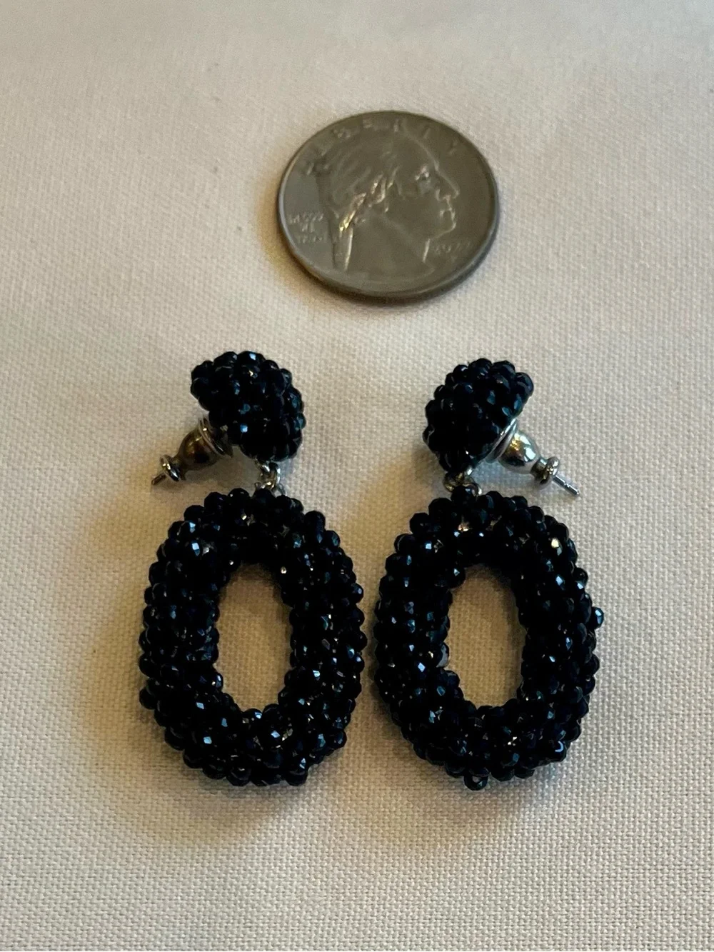 Vintage Black Beaded Hoop Drop Earrings - Women Jewelry - Picture 13 of 16